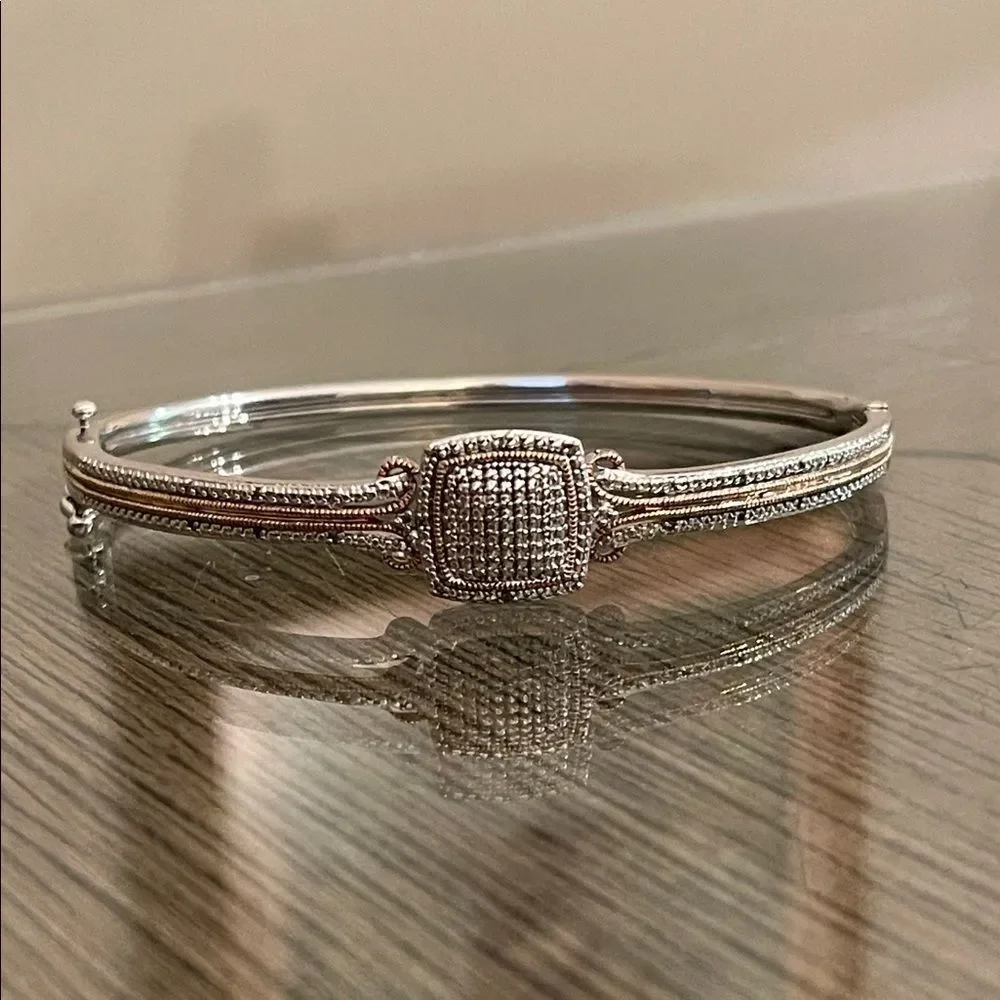 BR SUN Silver Plated Elegant Hinged Bangle Bracelet with Rose Gold Accents